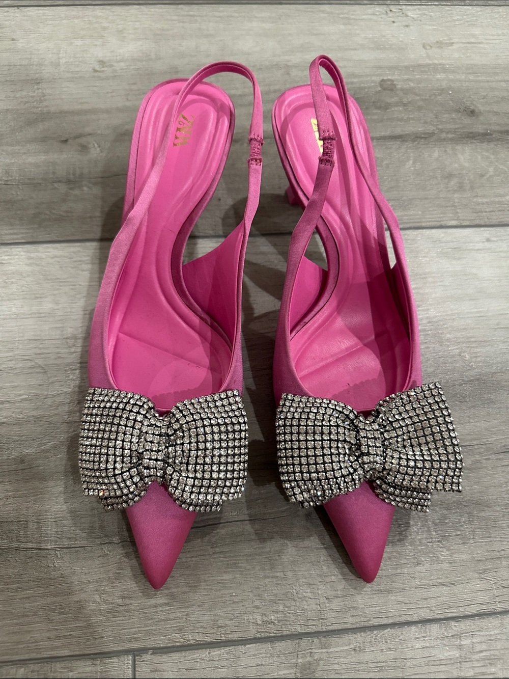 Zara Hot Pink Pointed Slingback Flats with Crystal Bow